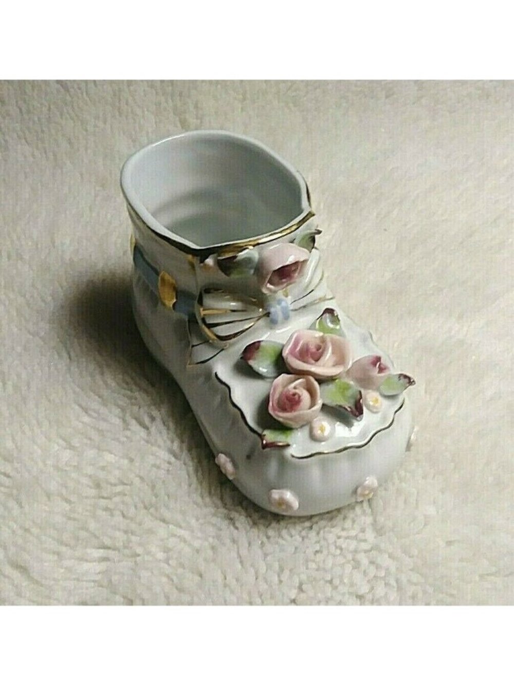 VTG Porcelain Baby Shoe Bootie Floral Nursery Decoration Vase Newborn Keepsake